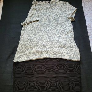 Grey and White Short Sleeve Top with Black Skirt